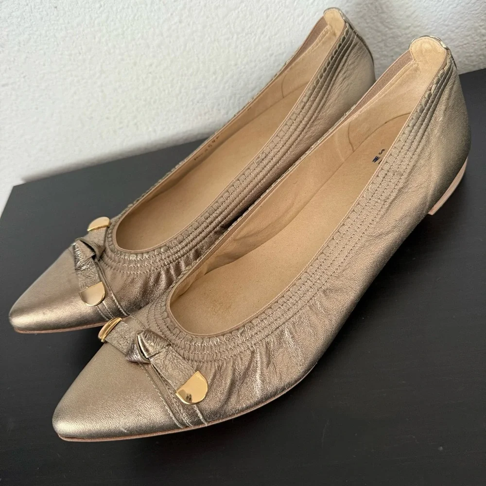 Stuart Weitzman Pointed Toe Gold Leather Flats